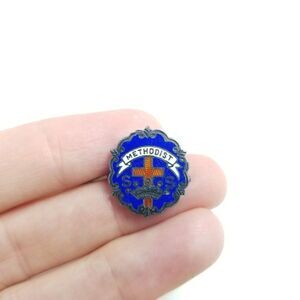 Vintage Enamel Methodist Pin, Blue Red White, Littles System Brooch, Tarnished